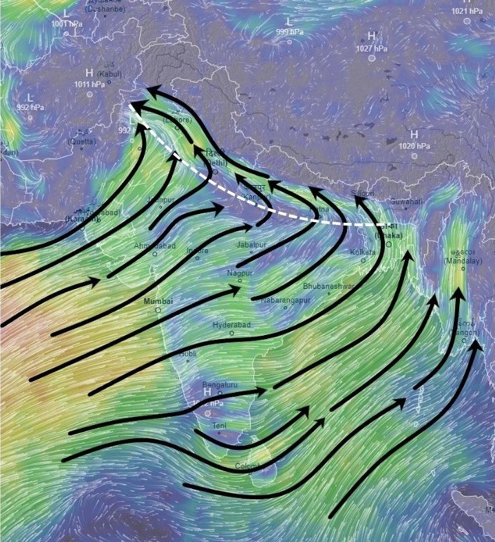 Active Monsoon conditions across the Indo-Gangetic plain, as a monsoon trough is expected to persist across the northern plains for the next few days.