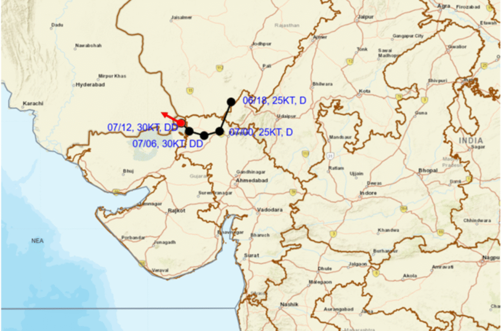 ડીપ ડિપ્રેશન આગામી કલાકોમાં દક્ષિણ-પૂર્વ પાકિસ્તાનના ભાગો તરફ આગળ વધશે, કચ્છ, ઉત્તર-પશ્ચિમ ગુજરાતના વિસ્તારોમાં આવતી કાલ સુધી વરસાદનું જોર રહશે.